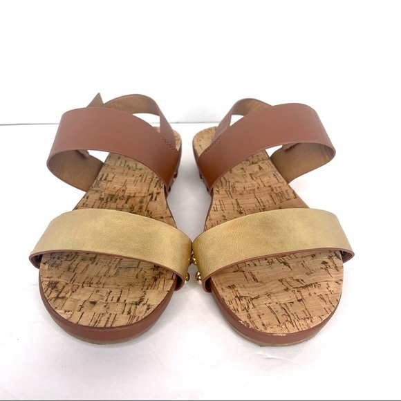 Restricted Gold and Brown Two Strap Open Toe Studded Buckle Sandal Shoes Size 6 - Picture 3 of 12